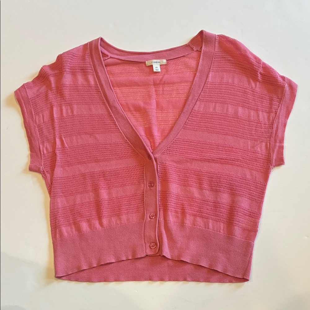 Caslon Pink V-Neck Button-Up short sleeve sweater